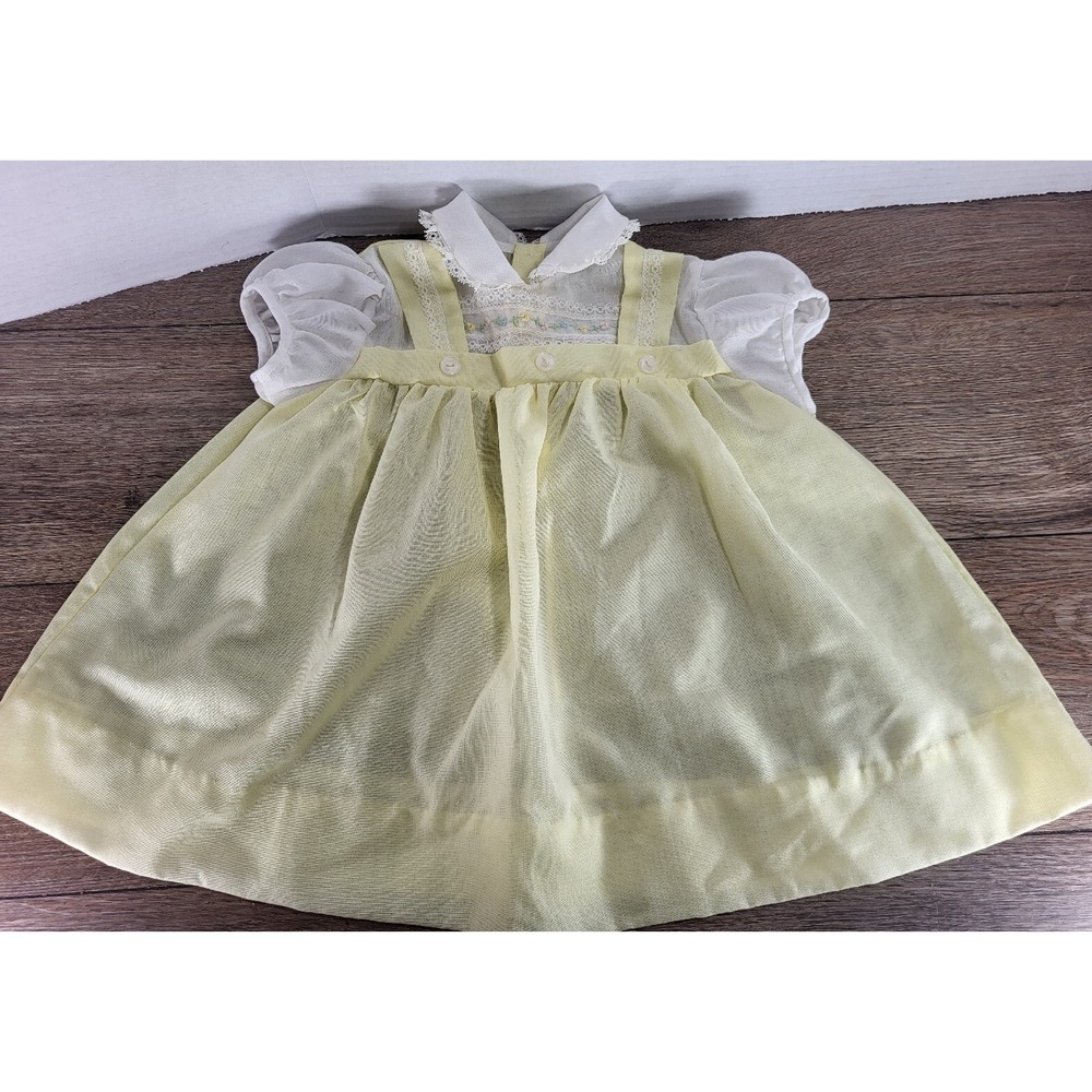 Vintage Pinafore Retro Yellow Floral Embroidered Lace Infant Dress